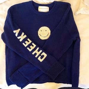 KERRI ROSENTHAL Cheeky and Happy Face Cotton Cashmere Dark Blue Sweater Sz SMALL
